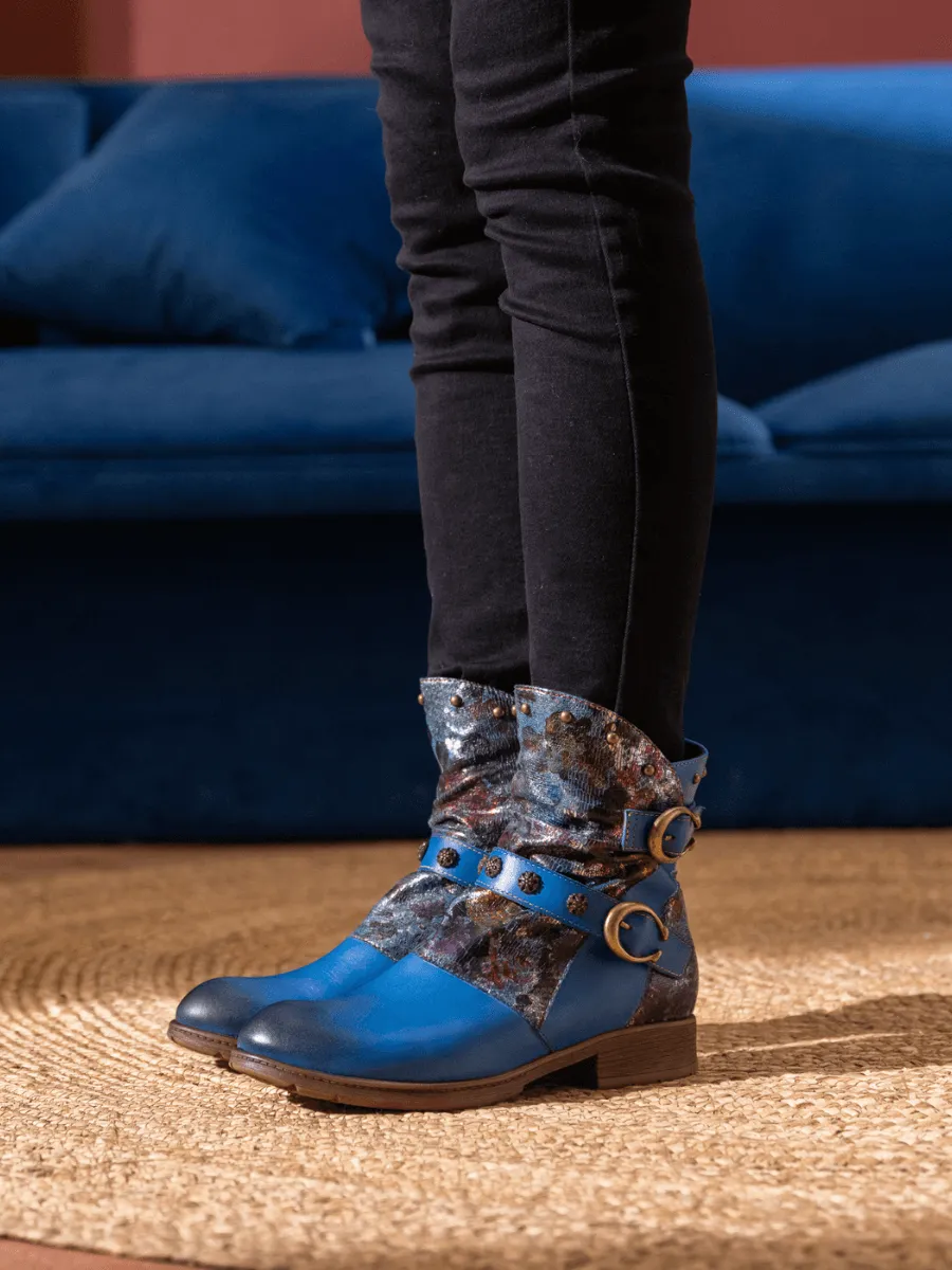 Nicolette Rivet Stud Leather Moto Boots - Blue