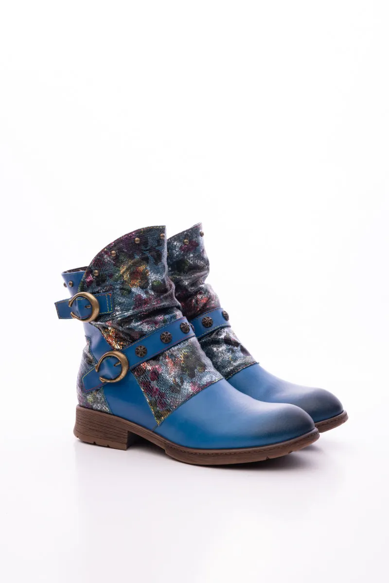 Nicolette Rivet Stud Leather Moto Boots - Blue