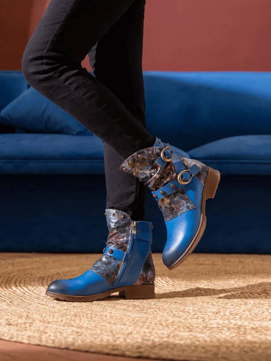 Nicolette Rivet Stud Leather Moto Boots - Blue