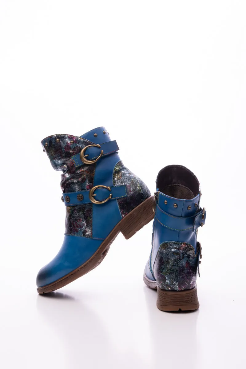 Nicolette Rivet Stud Leather Moto Boots - Blue