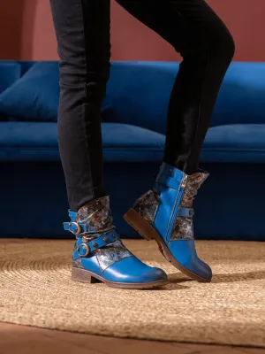 Nicolette Rivet Stud Leather Moto Boots - Blue