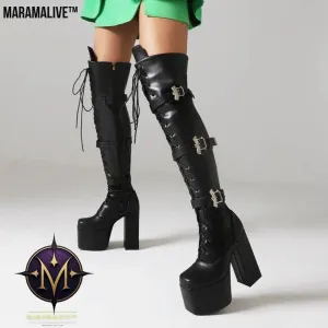 Night Club Lace-up Belt Buckle Over The Knee Boots