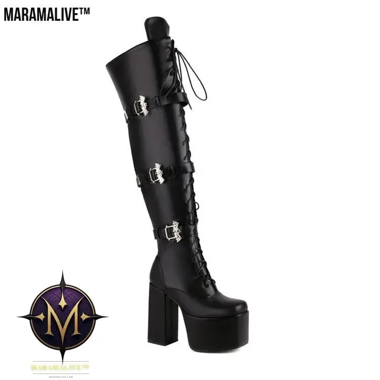 Night Club Lace-up Belt Buckle Over The Knee Boots
