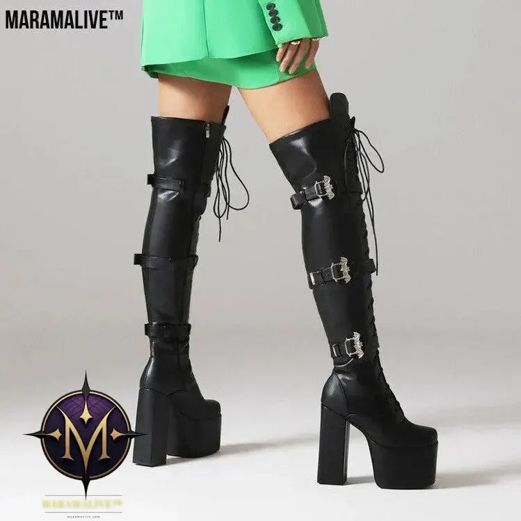 Night Club Lace-up Belt Buckle Over The Knee Boots