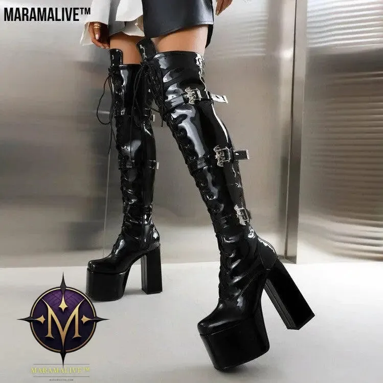 Night Club Lace-up Belt Buckle Over The Knee Boots