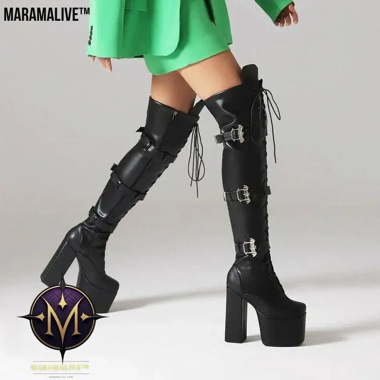 Night Club Lace-up Belt Buckle Over The Knee Boots