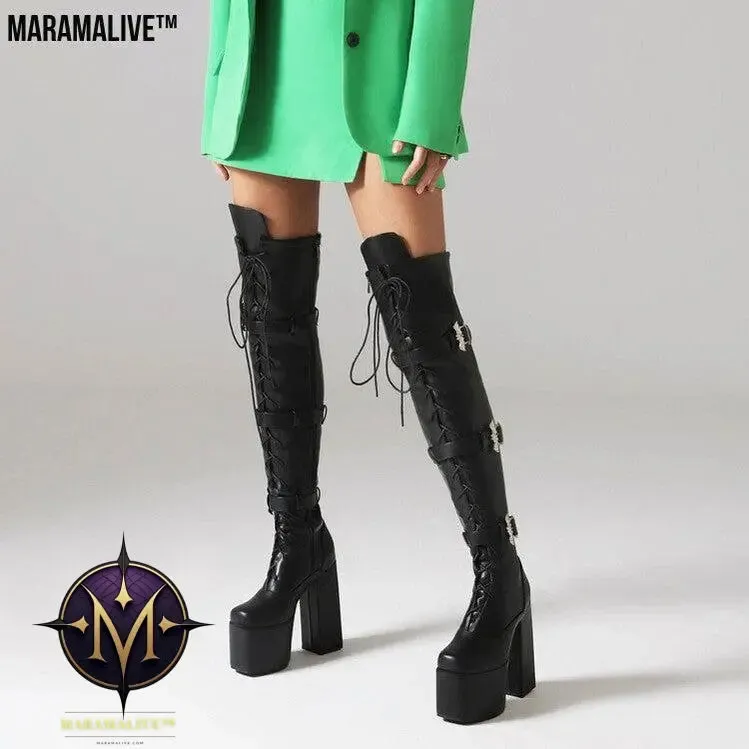 Night Club Lace-up Belt Buckle Over The Knee Boots