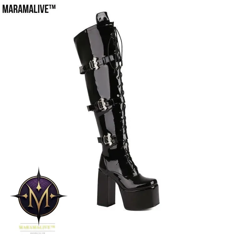 Night Club Lace-up Belt Buckle Over The Knee Boots
