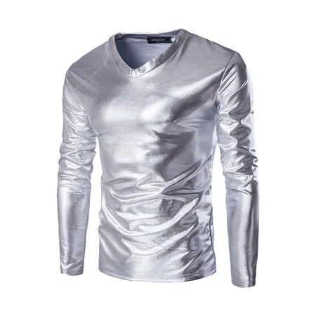 Night Club Wear Men's Elastic Shirts Slim Fit Fashion Metallic Shiny Shirt Mens Shirts Long Sleeve Chemise Homme Clothing