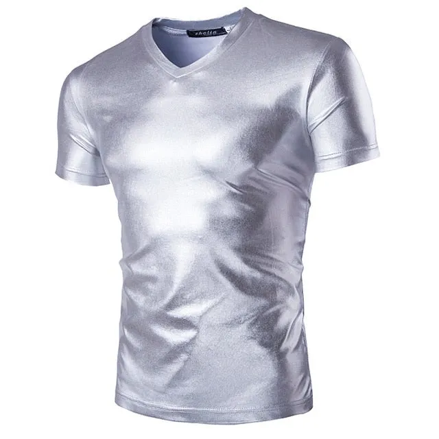 Night Club Wear Men's Elastic Shirts Slim Fit Fashion Metallic Shiny Shirt Mens Shirts Long Sleeve Chemise Homme Clothing