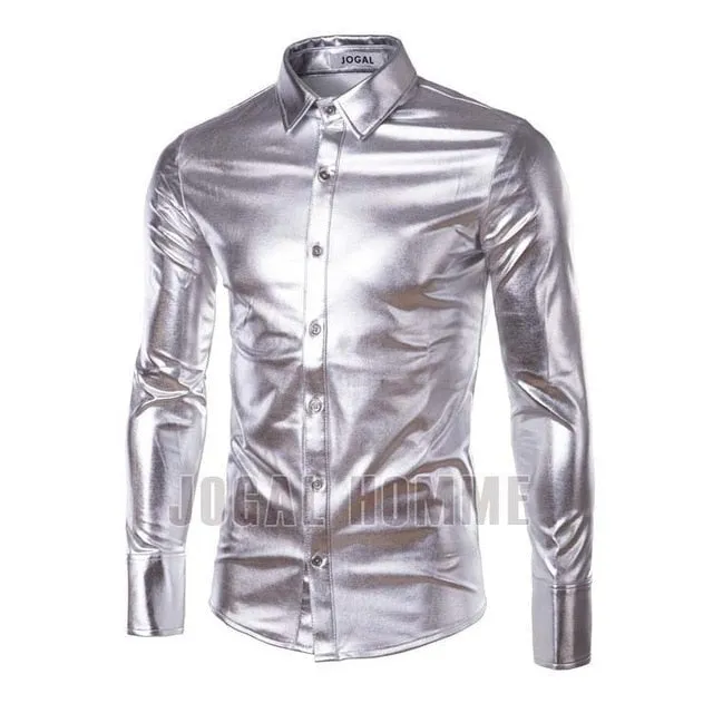 Night Club Wear Men's Elastic Shirts Slim Fit Fashion Metallic Shiny Shirt Mens Shirts Long Sleeve Chemise Homme Clothing