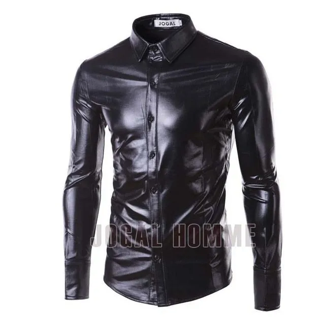 Night Club Wear Men's Elastic Shirts Slim Fit Fashion Metallic Shiny Shirt Mens Shirts Long Sleeve Chemise Homme Clothing