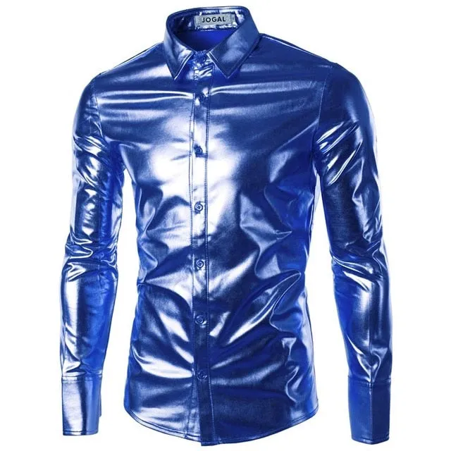 Night Club Wear Men's Elastic Shirts Slim Fit Fashion Metallic Shiny Shirt Mens Shirts Long Sleeve Chemise Homme Clothing