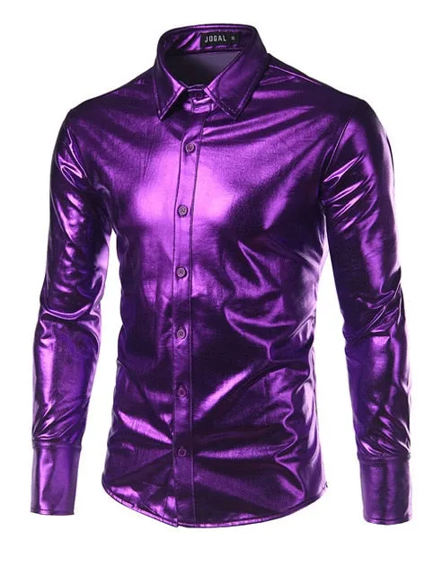 Night Club Wear Men's Elastic Shirts Slim Fit Fashion Metallic Shiny Shirt Mens Shirts Long Sleeve Chemise Homme Clothing