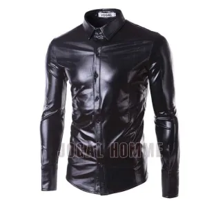 Night Club Wear Men's Elastic Shirts Slim Fit Fashion Metallic Shiny Shirt Mens Shirts Long Sleeve Chemise Homme Clothing
