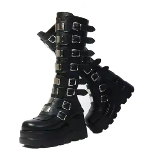 NIGXWNS Women Platform Knee High Goth Boots Zip Round Toe Wedge Punk Mid Calf Boots Buckle Chunky High Heel Combat Boots