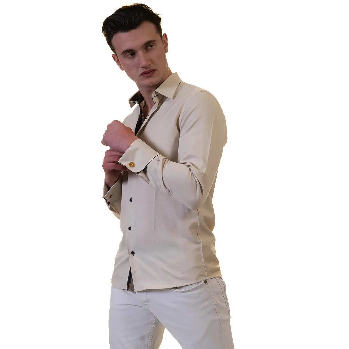 Off White Mens Slim Fit French Cuff Shirts with Cufflink Holes - Casual and Formal