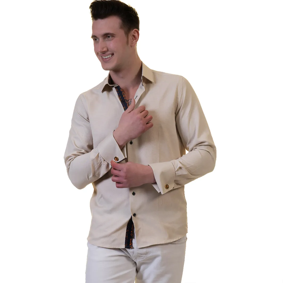 Off White Mens Slim Fit French Cuff Shirts with Cufflink Holes - Casual and Formal