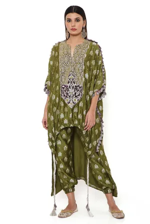 OLIVE BANARASI HIGH LOW KURTA WITH JOGGER PANTS