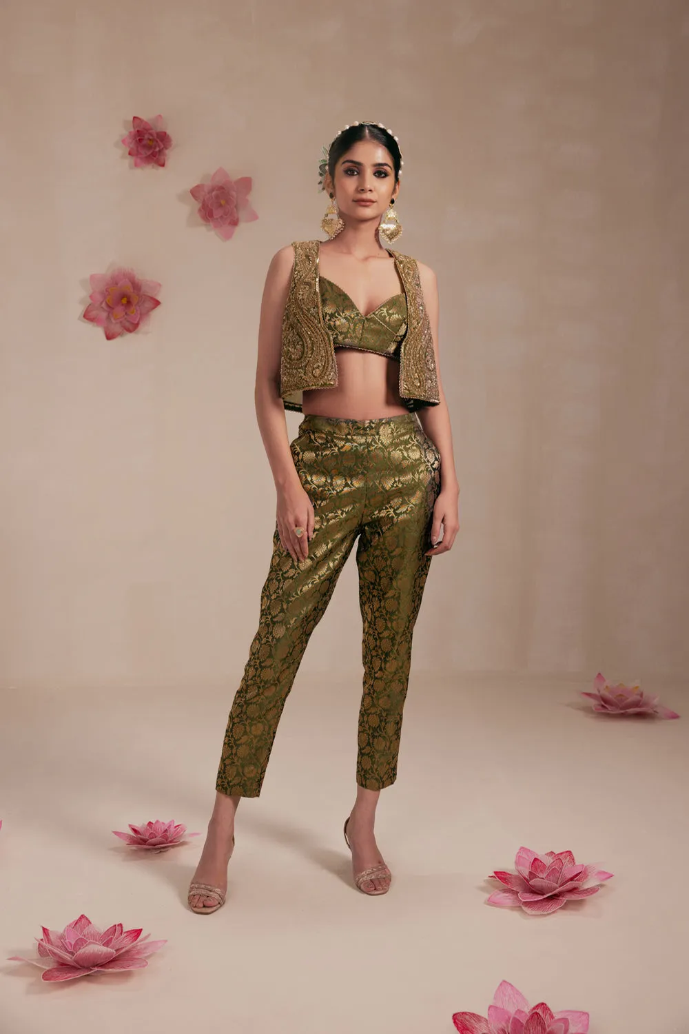 Olive Green Fully Embellished Crop Jacket