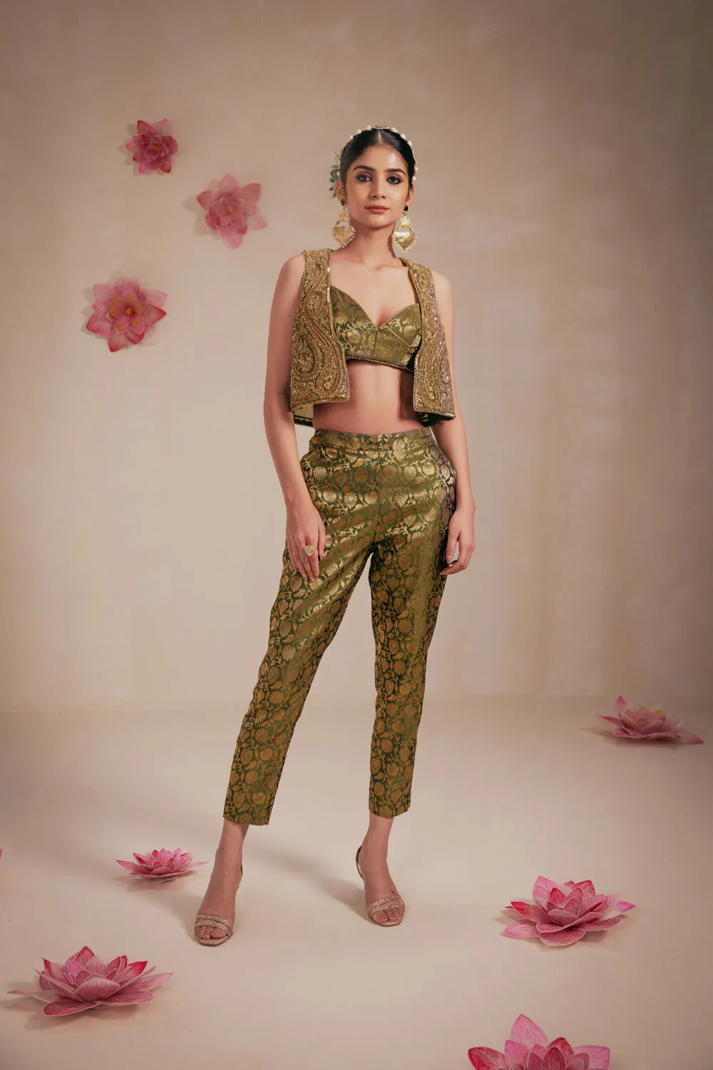 Olive Green Fully Embellished Crop Jacket
