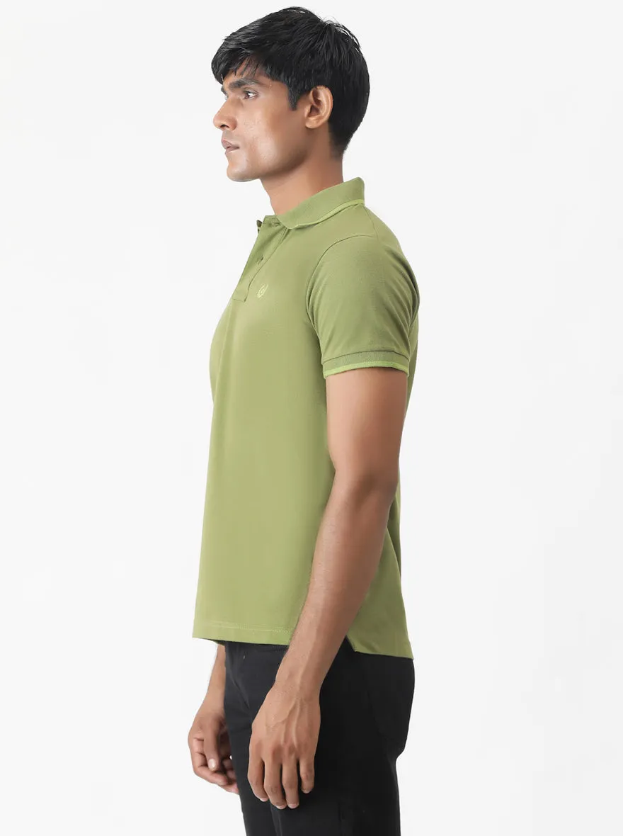 Olive Green Solid Slim Fit Polo T-Shirt | Greenfibre