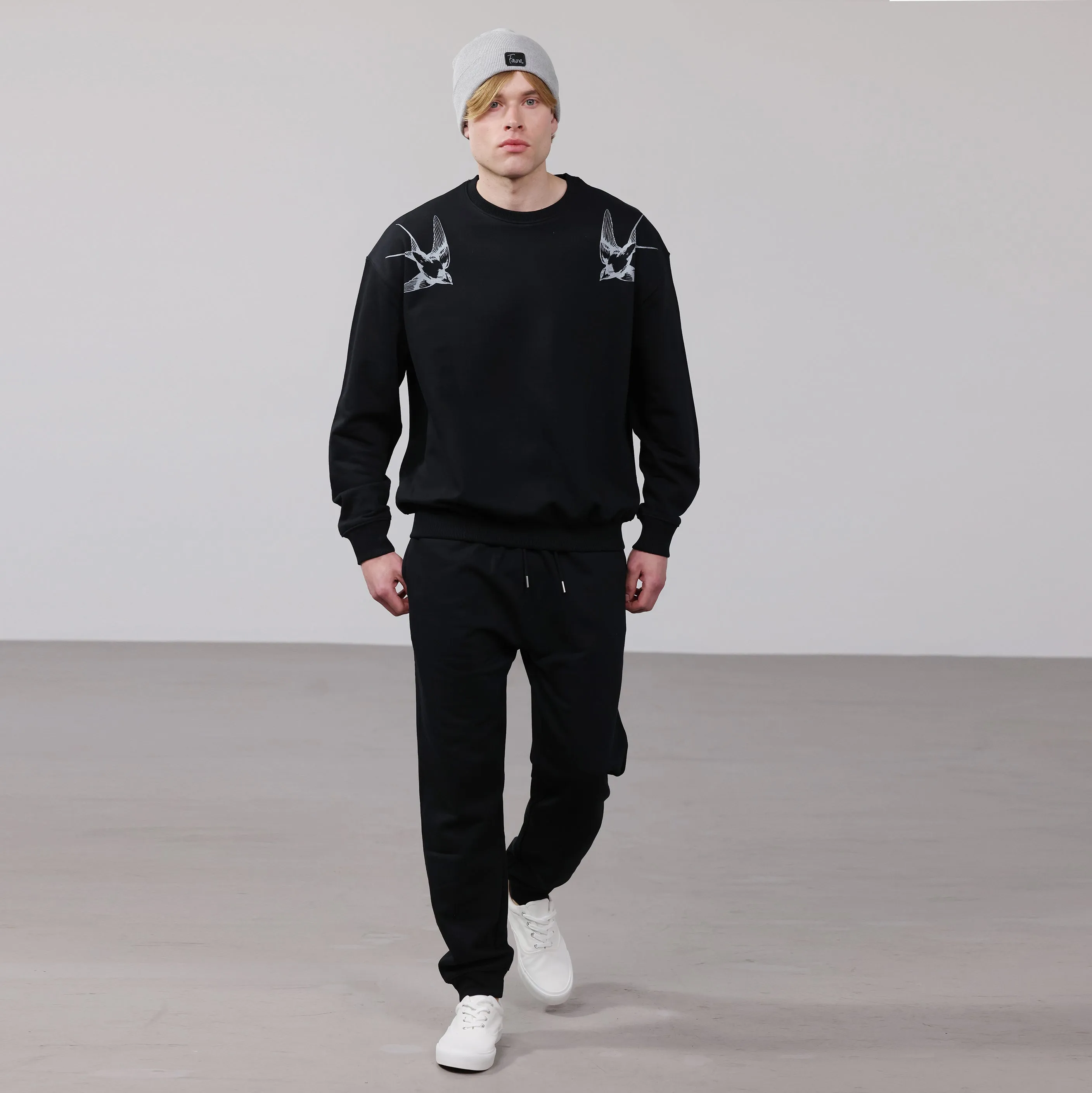 Organic Cotton Unisex Tracksuit | Silver swallows on black