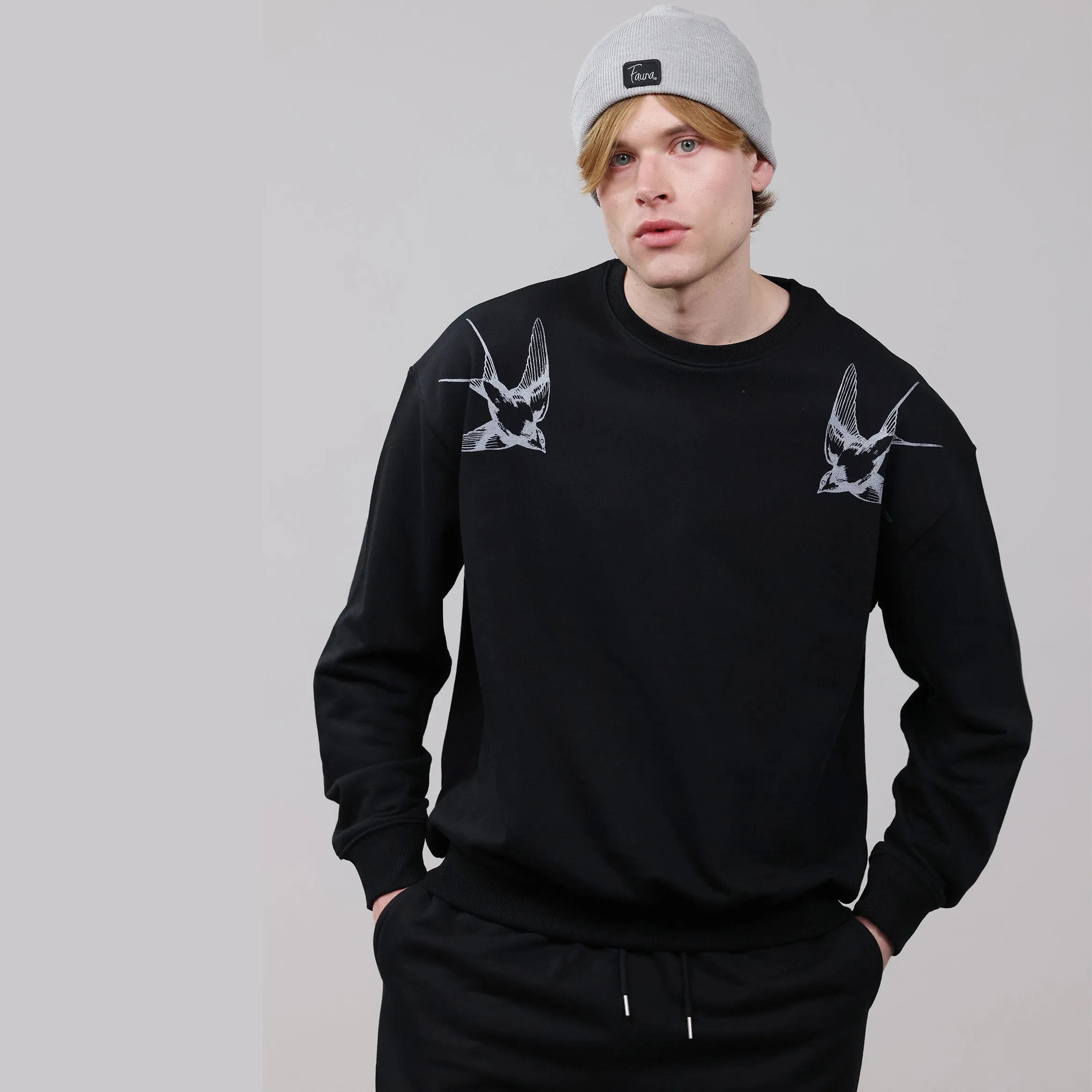 Organic Cotton Unisex Tracksuit | Silver swallows on black