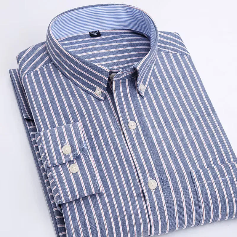 Oxford Men's Plaid Long Sleeve Shirt Casual Striped Shirt Men's White Top Camisas De Hombre