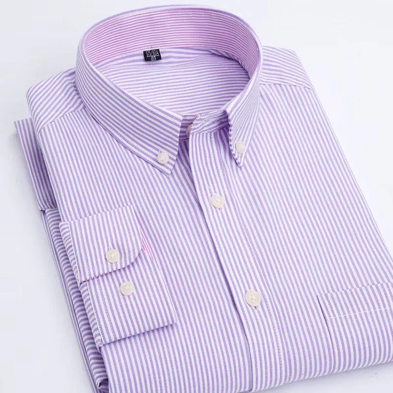Oxford Men's Plaid Long Sleeve Shirt Casual Striped Shirt Men's White Top Camisas De Hombre