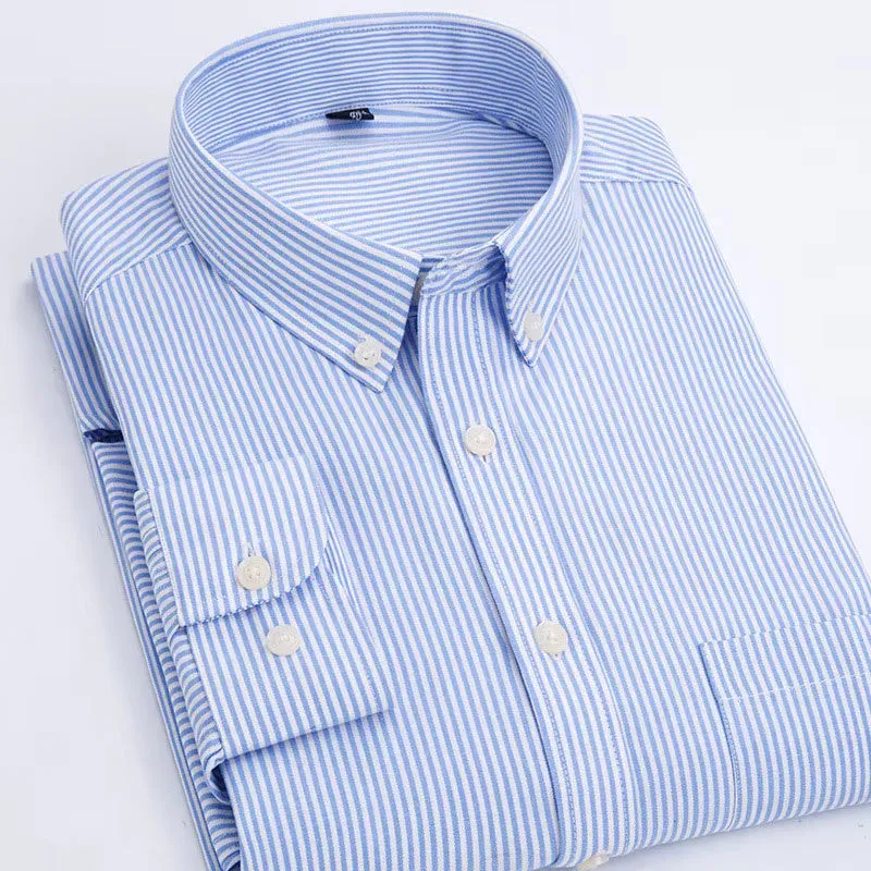 Oxford Men's Plaid Long Sleeve Shirt Casual Striped Shirt Men's White Top Camisas De Hombre