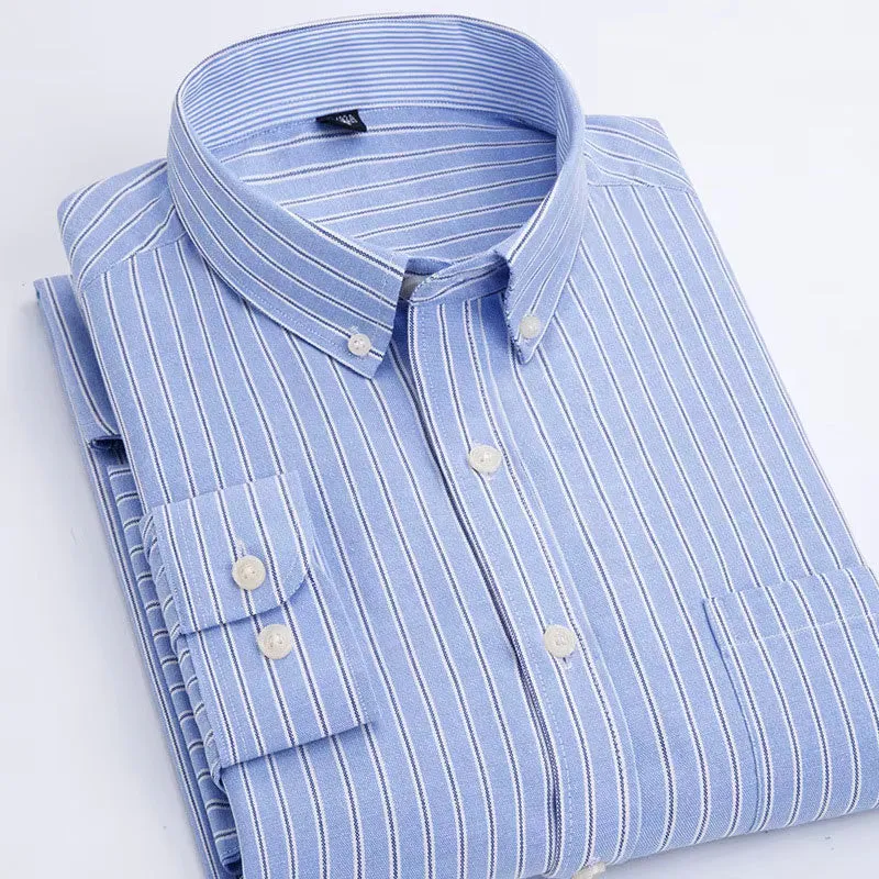 Oxford Men's Plaid Long Sleeve Shirt Casual Striped Shirt Men's White Top Camisas De Hombre