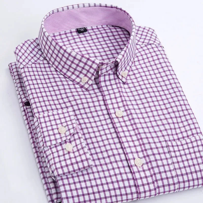 Oxford Men's Plaid Long Sleeve Shirt Casual Striped Shirt Men's White Top Camisas De Hombre