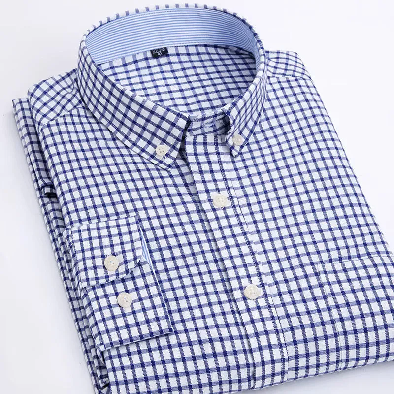Oxford Men's Plaid Long Sleeve Shirt Casual Striped Shirt Men's White Top Camisas De Hombre