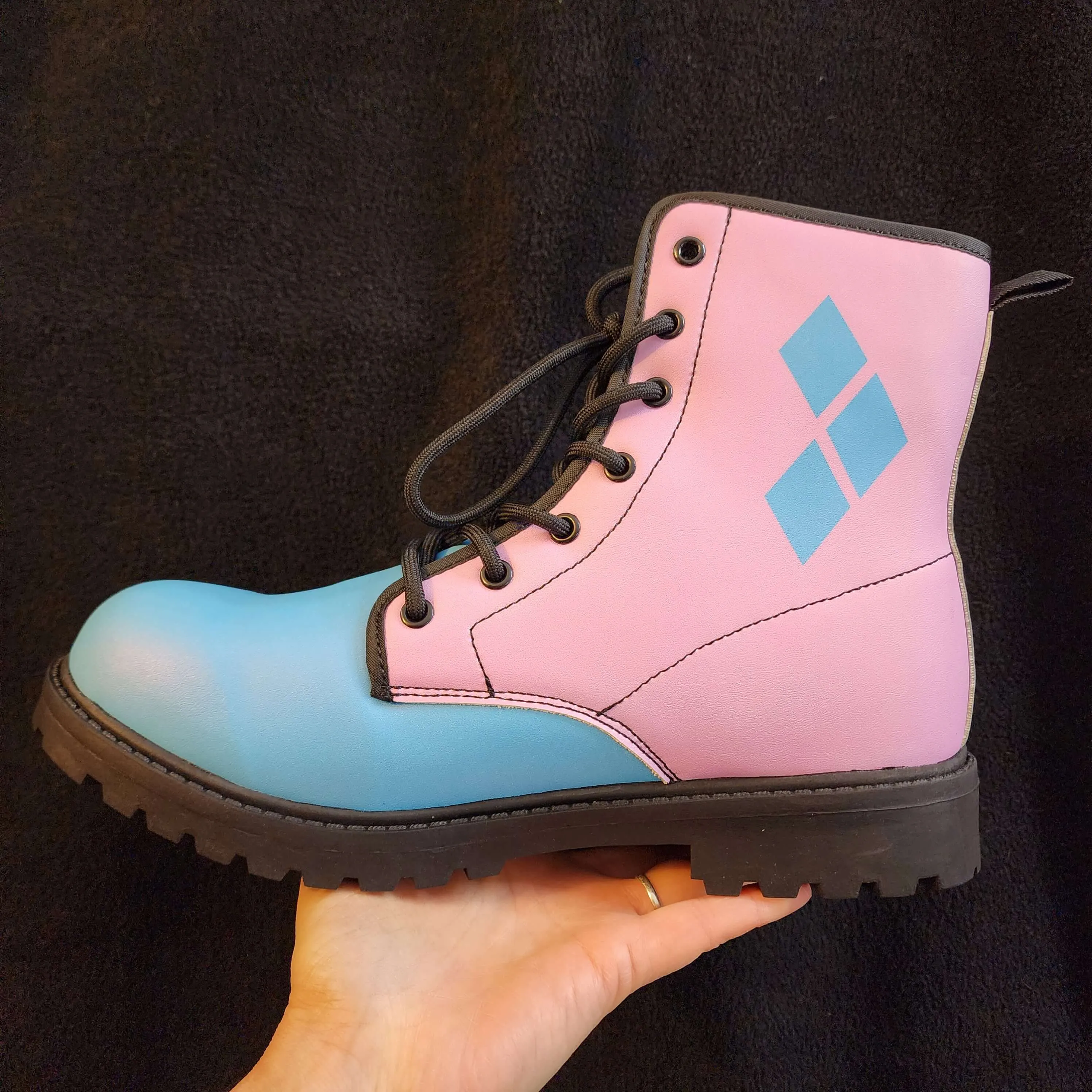 Pink Blue Boots 3-Diamond Design Harley Combat Style (Size EU41 / Women's 10 / Men's Size 7
