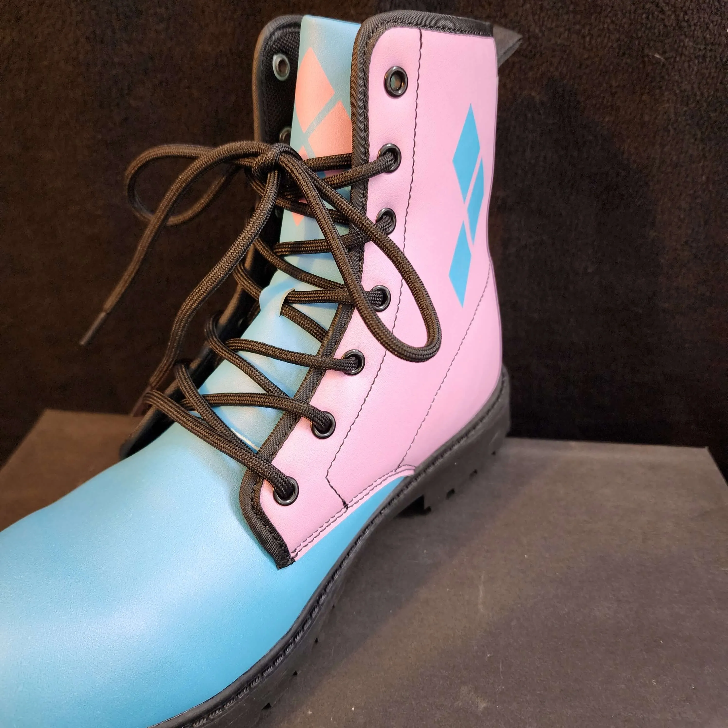 Pink Blue Boots 3-Diamond Design Harley Combat Style (Size EU41 / Women's 10 / Men's Size 7