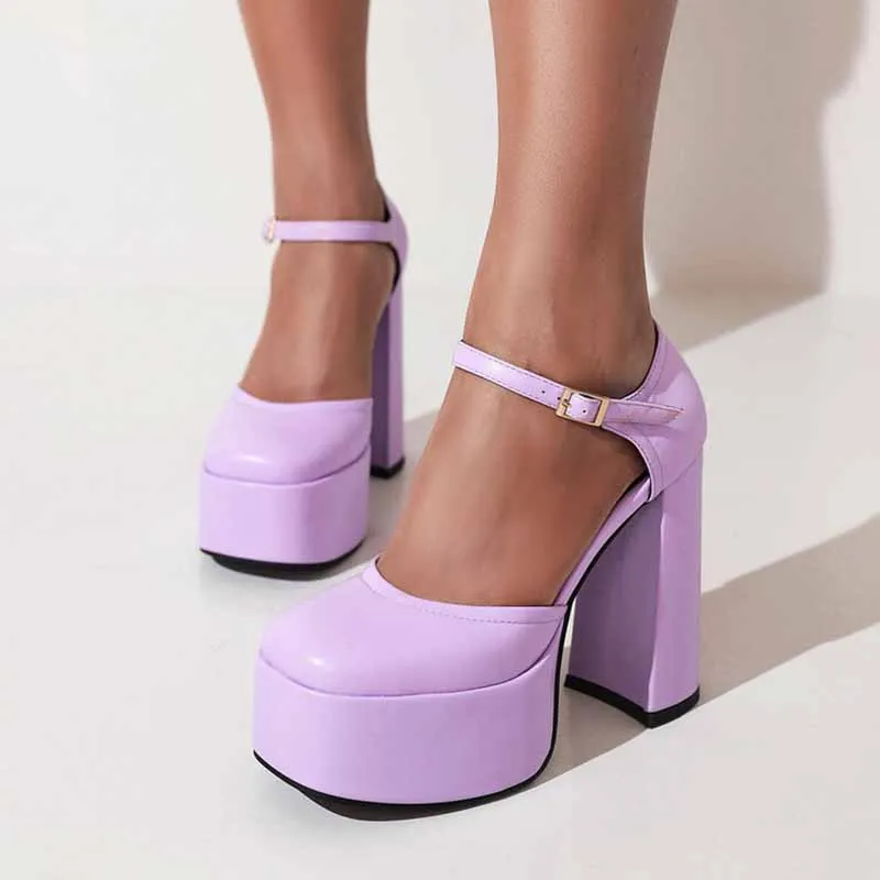 Platform Chunky Heels for Women With Block Heel and Ankle Strap