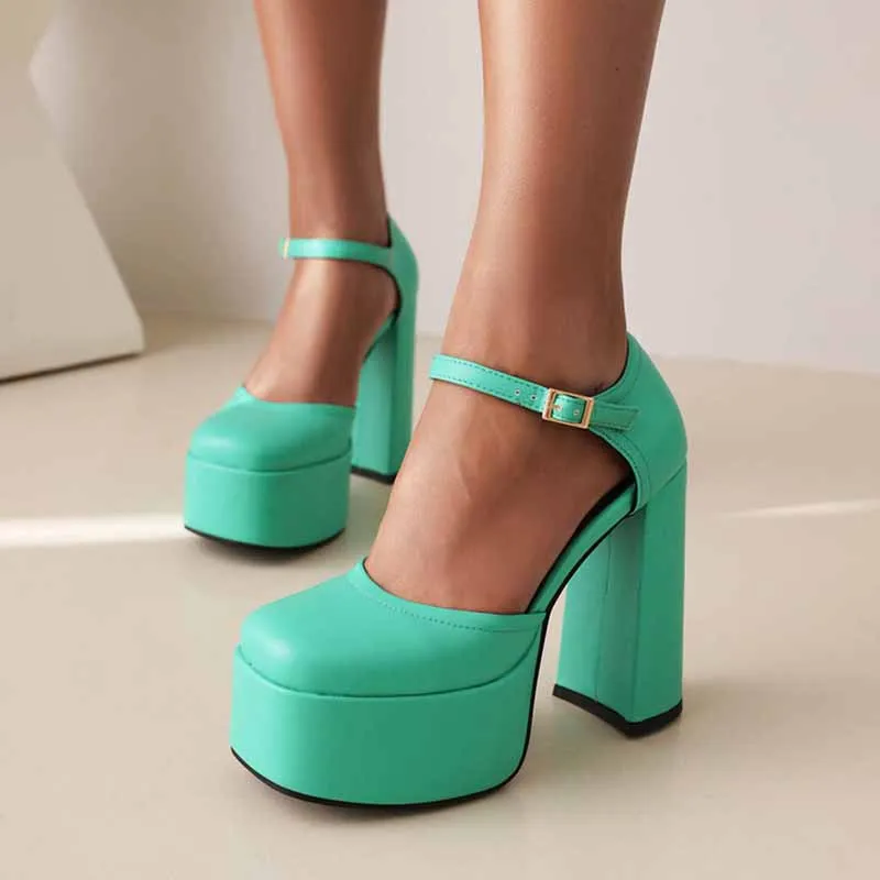 Platform Chunky Heels for Women With Block Heel and Ankle Strap
