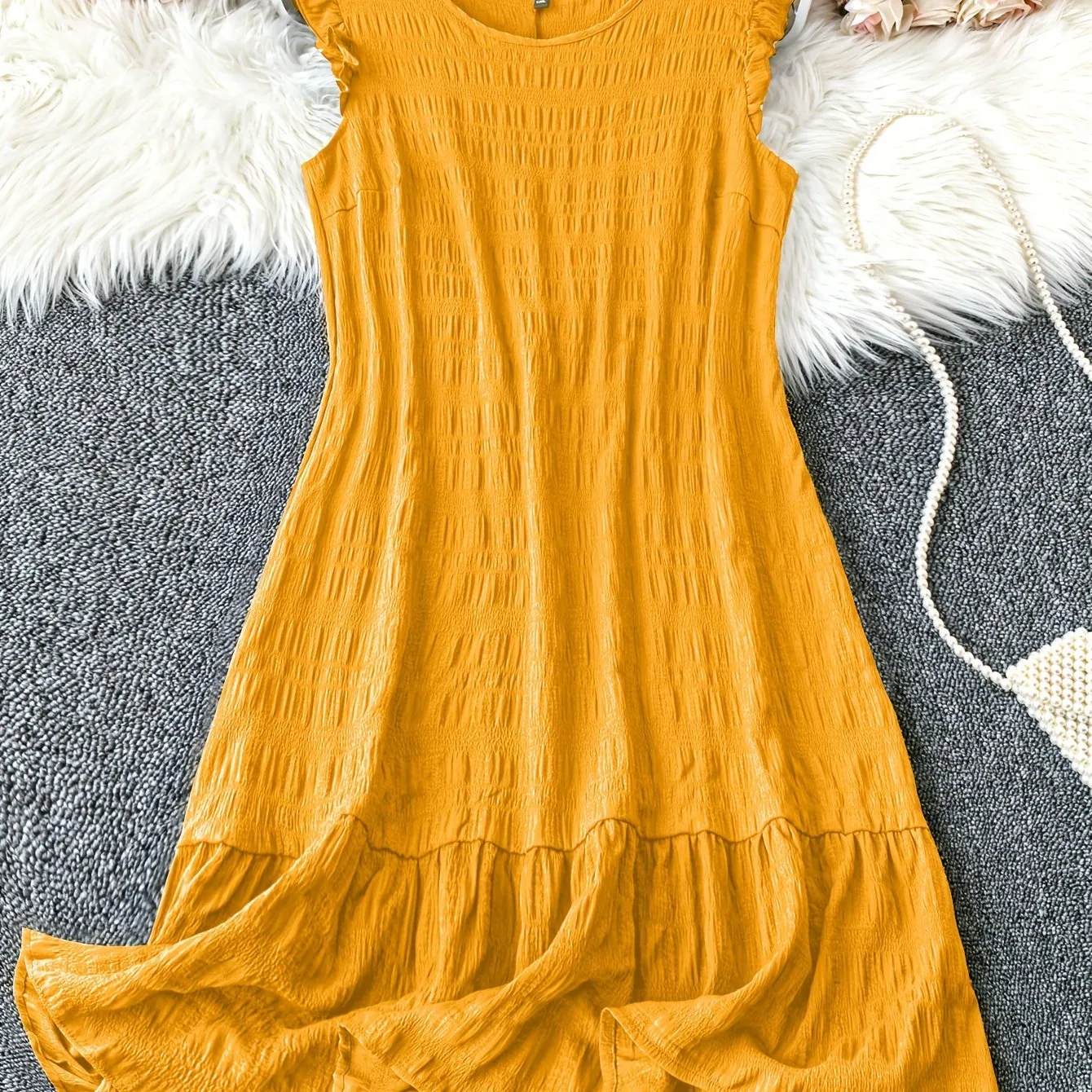 Plus Size Elegant Crew Neck Tunic Dress - Soft Slight Stretch Polyester, Lettuce Trim, Machine Washable, Solid Color, Sleeveless, Ruffle Hem - Perfect for Spring, Summer, and Fall Seasons