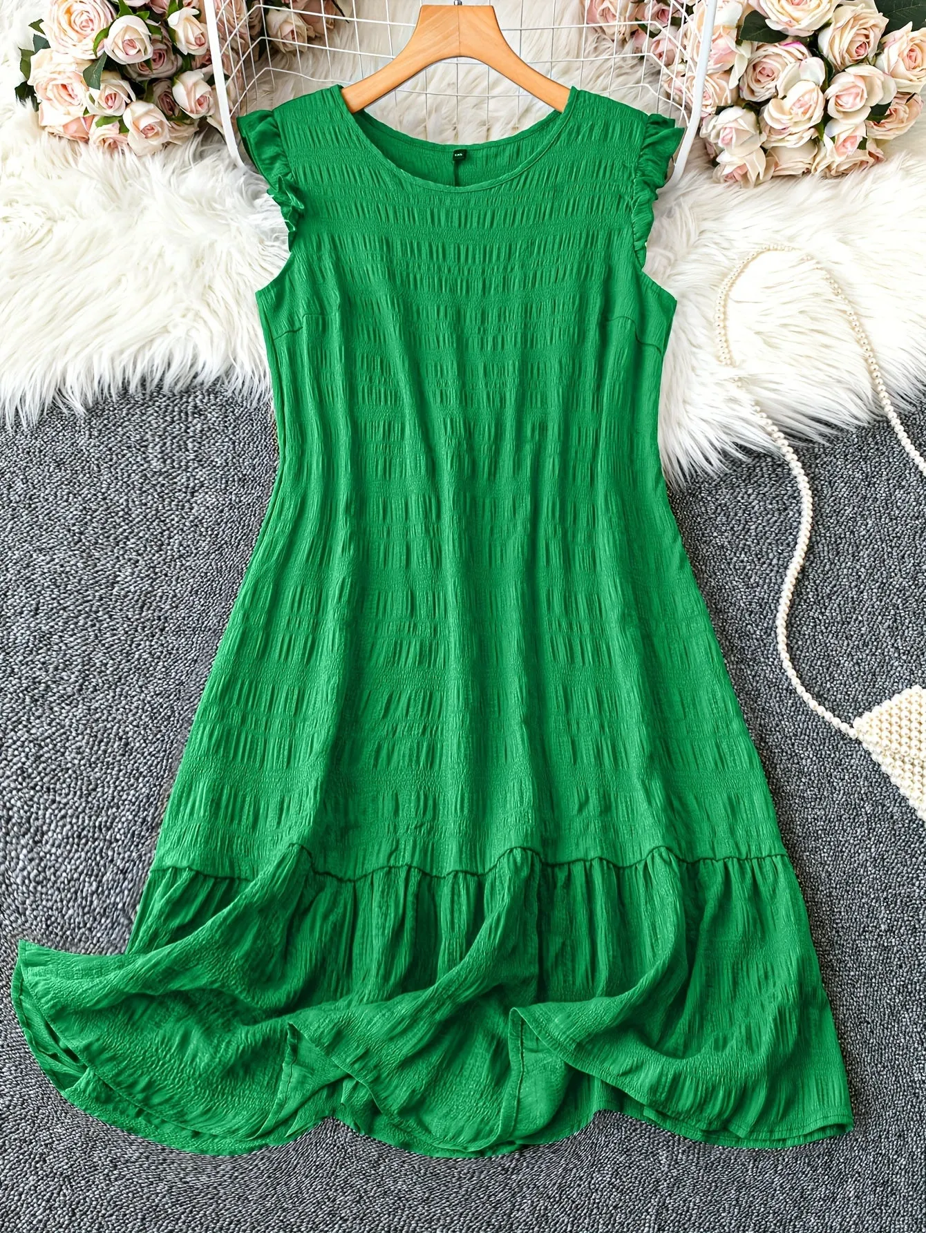 Plus Size Elegant Crew Neck Tunic Dress - Soft Slight Stretch Polyester, Lettuce Trim, Machine Washable, Solid Color, Sleeveless, Ruffle Hem - Perfect for Spring, Summer, and Fall Seasons