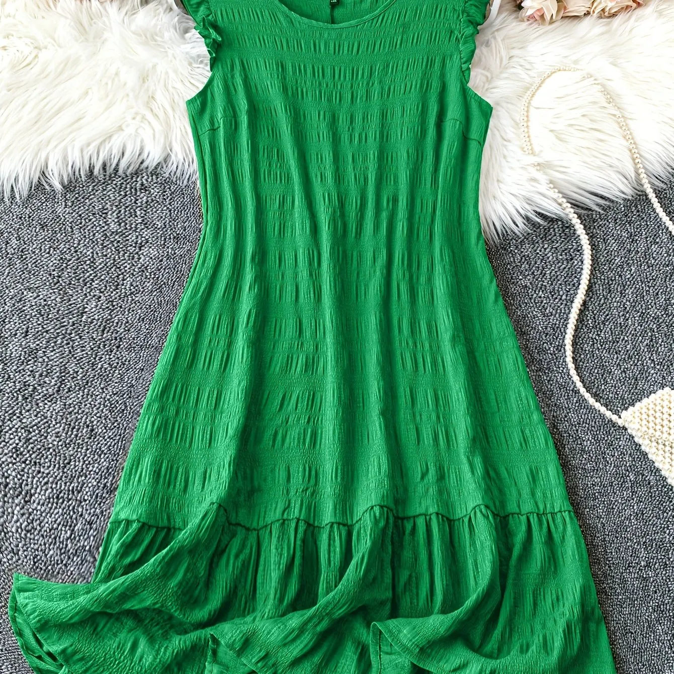 Plus Size Elegant Crew Neck Tunic Dress - Soft Slight Stretch Polyester, Lettuce Trim, Machine Washable, Solid Color, Sleeveless, Ruffle Hem - Perfect for Spring, Summer, and Fall Seasons