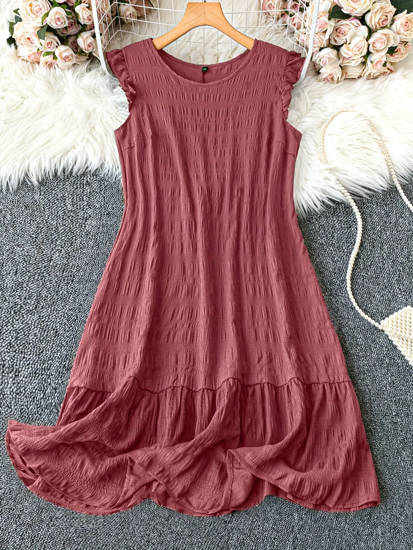 Plus Size Elegant Crew Neck Tunic Dress - Soft Slight Stretch Polyester, Lettuce Trim, Machine Washable, Solid Color, Sleeveless, Ruffle Hem - Perfect for Spring, Summer, and Fall Seasons