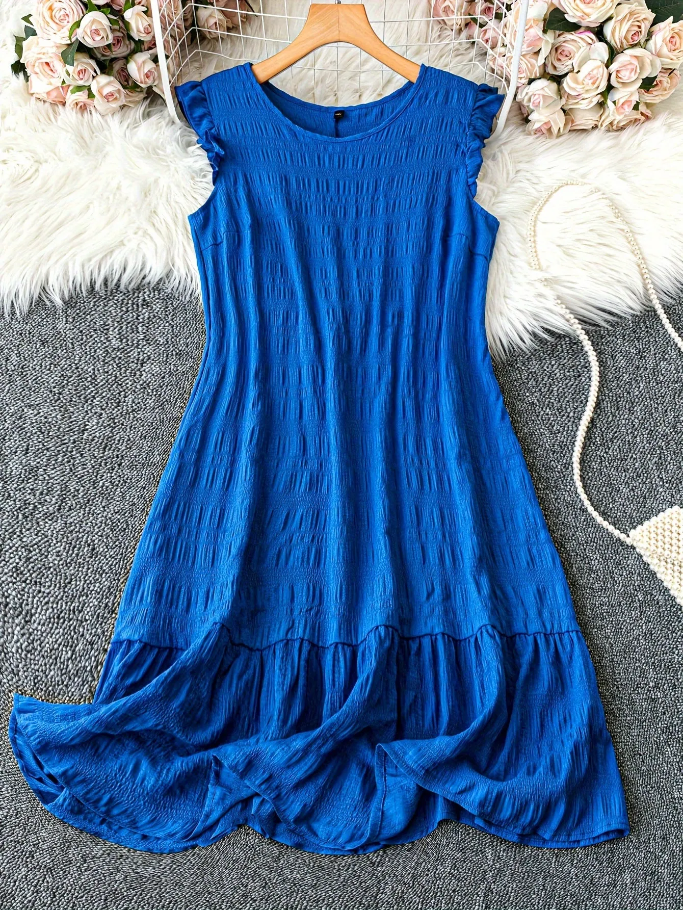 Plus Size Elegant Crew Neck Tunic Dress - Soft Slight Stretch Polyester, Lettuce Trim, Machine Washable, Solid Color, Sleeveless, Ruffle Hem - Perfect for Spring, Summer, and Fall Seasons