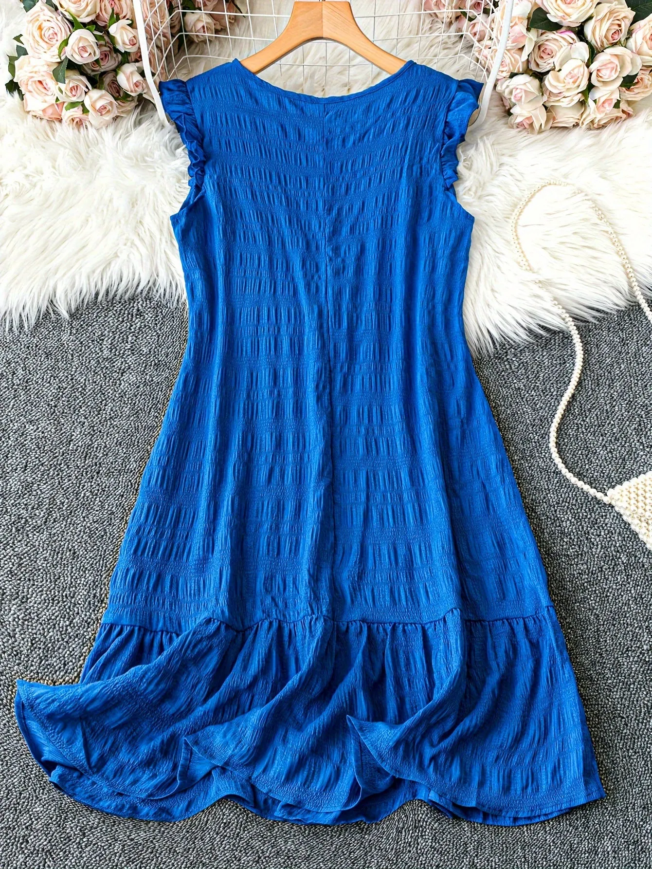 Plus Size Elegant Crew Neck Tunic Dress - Soft Slight Stretch Polyester, Lettuce Trim, Machine Washable, Solid Color, Sleeveless, Ruffle Hem - Perfect for Spring, Summer, and Fall Seasons