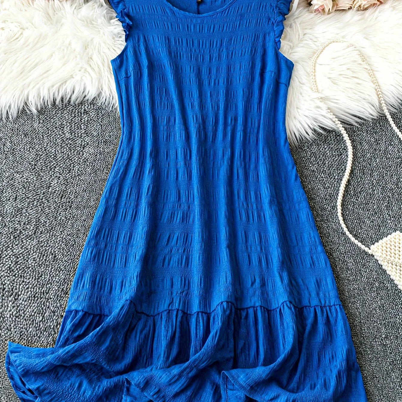 Plus Size Elegant Crew Neck Tunic Dress - Soft Slight Stretch Polyester, Lettuce Trim, Machine Washable, Solid Color, Sleeveless, Ruffle Hem - Perfect for Spring, Summer, and Fall Seasons