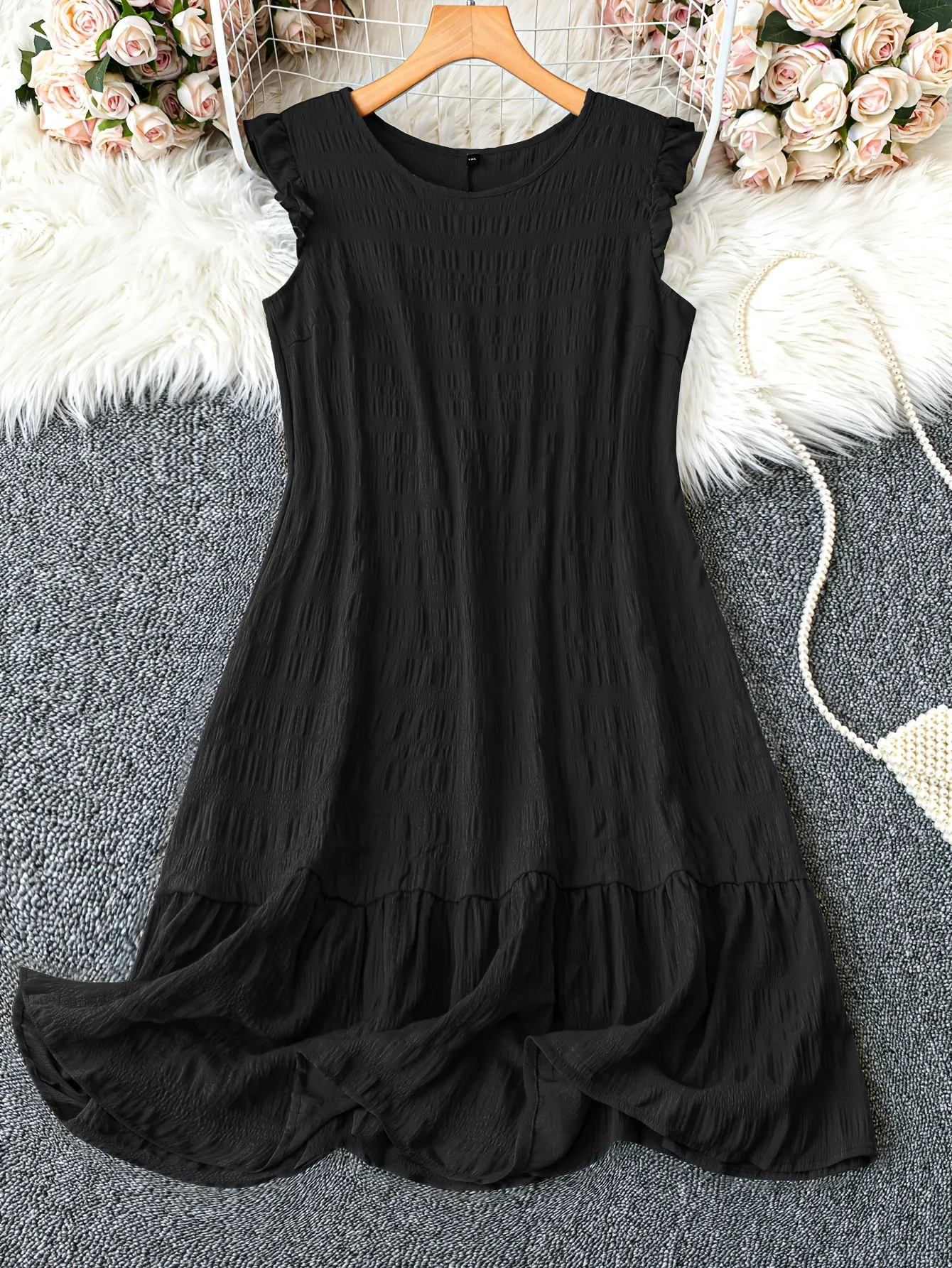 Plus Size Elegant Crew Neck Tunic Dress - Soft Slight Stretch Polyester, Lettuce Trim, Machine Washable, Solid Color, Sleeveless, Ruffle Hem - Perfect for Spring, Summer, and Fall Seasons