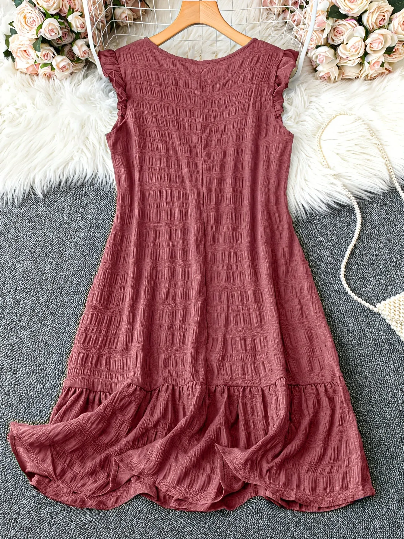 Plus Size Elegant Crew Neck Tunic Dress - Soft Slight Stretch Polyester, Lettuce Trim, Machine Washable, Solid Color, Sleeveless, Ruffle Hem - Perfect for Spring, Summer, and Fall Seasons