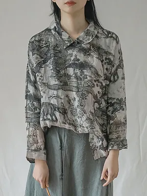 Plus Size Vintage Floral Ramie Autumn Women Loose Shirt