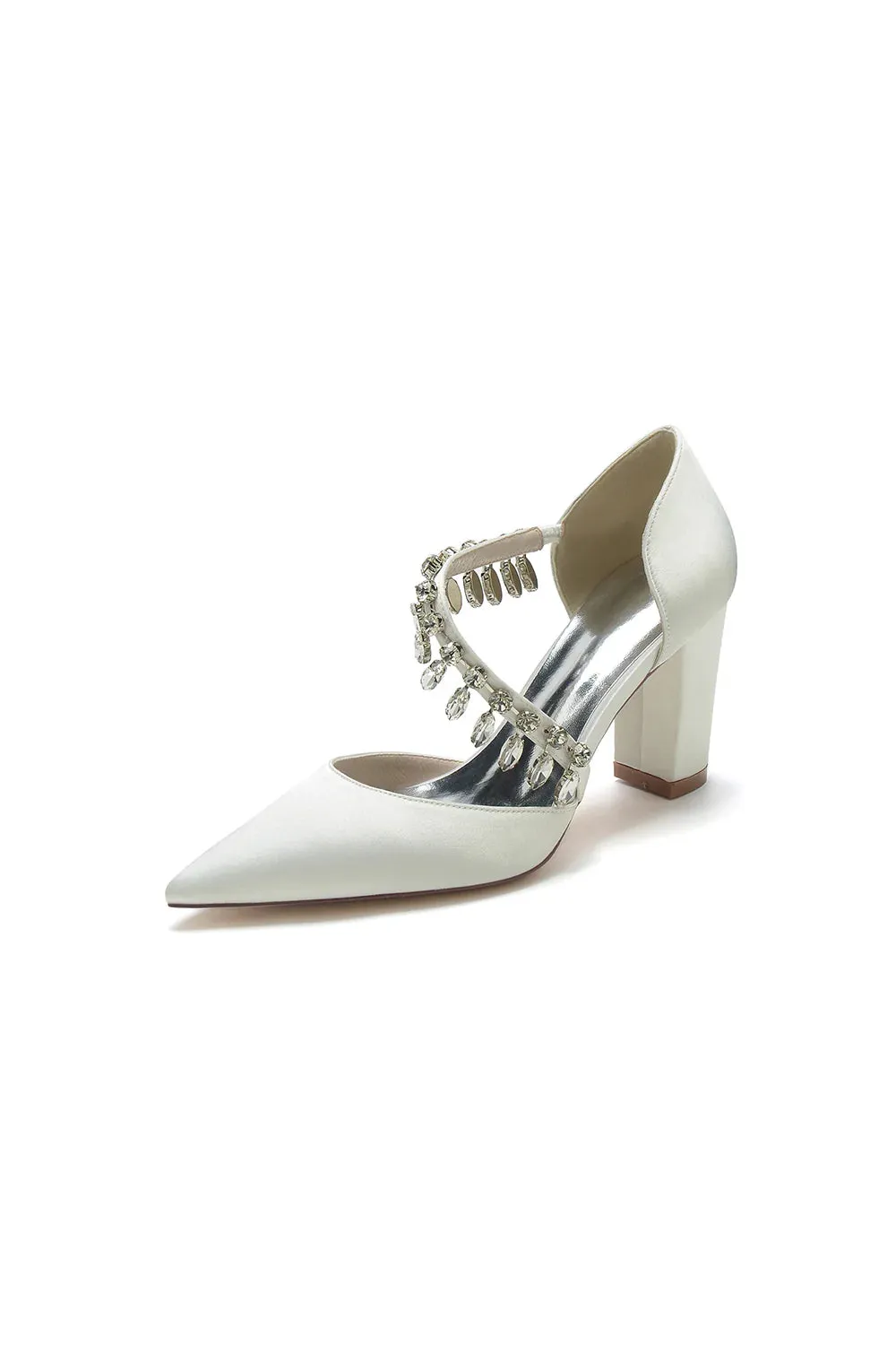 Pointed Toe Rhinestone Tassel Strappy Chunky Heels