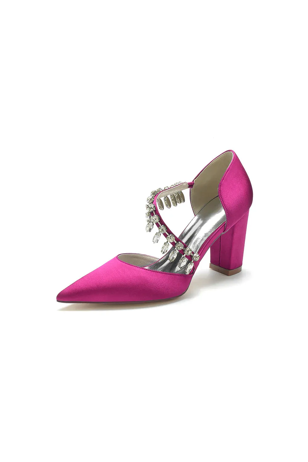 Pointed Toe Rhinestone Tassel Strappy Chunky Heels